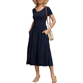 GRECERELLE Women's Summer Maxi Dress Casual Short Sleeve Crewneck Swing Dress Tiered Beach Dresses with Pockets
