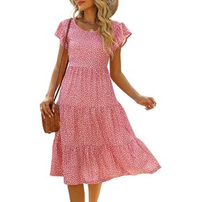 Berydress المرأة الصيف عادية المتدرج فساتين متوسطة الطول رفرفة أكمام كشكش بيبي دول فضفاضة تناسب القطن بوهو فستان الشمس in Kuwait