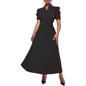 BINXIAD Women's Long Puff Gigot Sleeve Belted Maxi Dress V Neck Pleated Dress Casual Dress