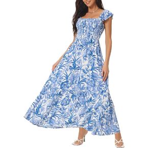 Women's Summer Smocked Boho Dresses Square Neck Ruffle Sleeve Floral Flowy Maxi Sundress with Pockets
