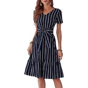 فستان BROVAVE نسائي صيفي قصير الأكمام ورقبة على شكل حرف V مخطط برباط خصر كاجوال للعمل والمكتب متوسط ​​الطول in Kuwait
