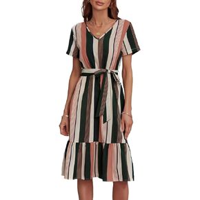 BROVAVE Women's Summer Short Sleeve V-Neck Striped Dress Tie Waist Casual Work Office Midi Dress