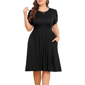 POSESHE Womens Plus Size Dress 2024 Summer Casual Petal Short Sleeve Empire Waist Loose Fit Swing T-Shirt Dress with Pockets