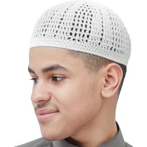White Kufi Hat Tight & Loose Weave Mix Crocheted Comfortable Cotton Muslim Kufi Topi Skull Prayer Cap