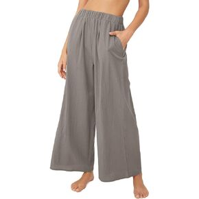 yoeasy Women Wide Leg Linen Elastic Waist Pants Casual Loose Palazzo Beach Trousers