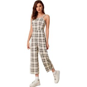 WDIRARA Women's Plaid Print Sleeveless Wide Leg High Waist Casual Overall Jumpsuit Rompers