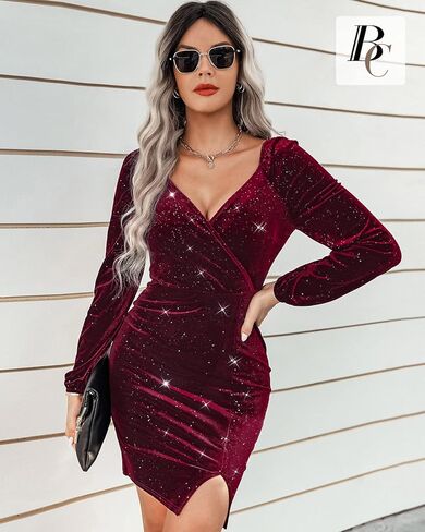 BebreezChic فساتين مخملية صغيرة Bodycon لامعة للنساء فساتين مخملية لحفلات الكوكتيل وقابلة للتمدد ورقبة على شكل حرف V in Kuwait