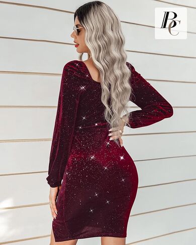 BebreezChic فساتين مخملية صغيرة Bodycon لامعة للنساء فساتين مخملية لحفلات الكوكتيل وقابلة للتمدد ورقبة على شكل حرف V in Kuwait