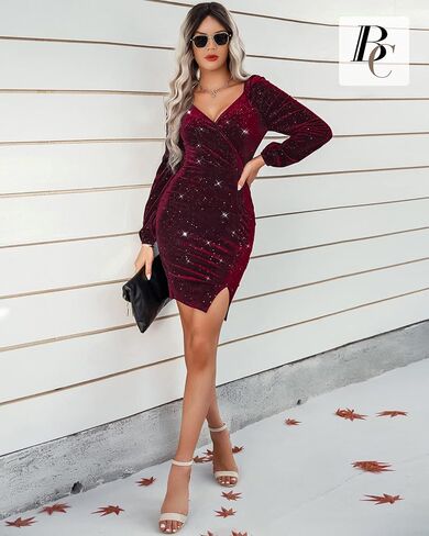 BebreezChic فساتين مخملية صغيرة Bodycon لامعة للنساء فساتين مخملية لحفلات الكوكتيل وقابلة للتمدد ورقبة على شكل حرف V in Kuwait