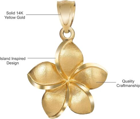 14K Solid Yellow Gold Hawaiian Plumeria Flower Pendant Charm, For Mom Daughter Girlfriend, Nickel Free Hypoallergenic for Sensitive Skin, Gift Box Included in Saudi Arabia