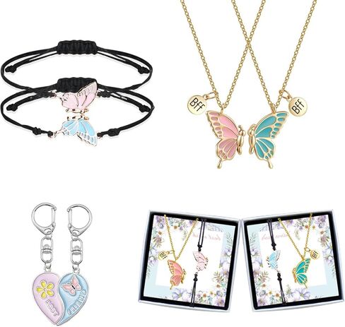 قلادات الصداقة على شكل فراشة لشخصين، اساور متطابقة على شكل فراشة للاصدقاء المقربين، مجموعة هدايا للفتيات المراهقات والنساء، افضل صديقة، هدية عيد ميلاد، معدن، بدون احجار كريمة in Kuwait