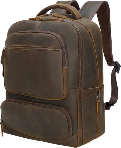 شنطة ظهر كبيرة للابتوب من الجلد المحبب بالكامل للرجال مقاس 17.3 انش، شنطة للكتب والمدرسة والجامعة، لون بني، شنطة ظهر للابتوب in Kuwait