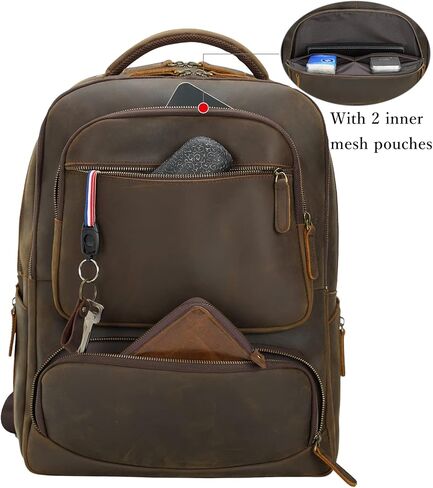 شنطة ظهر كبيرة للابتوب من الجلد المحبب بالكامل للرجال مقاس 17.3 انش، شنطة للكتب والمدرسة والجامعة، لون بني، شنطة ظهر للابتوب in Kuwait