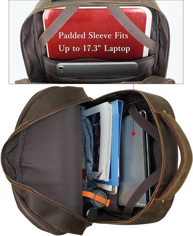 شنطة ظهر كبيرة للابتوب من الجلد المحبب بالكامل للرجال مقاس 17.3 انش، شنطة للكتب والمدرسة والجامعة، لون بني، شنطة ظهر للابتوب in Kuwait