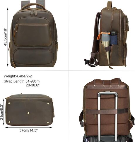 شنطة ظهر كبيرة للابتوب من الجلد المحبب بالكامل للرجال مقاس 17.3 انش، شنطة للكتب والمدرسة والجامعة، لون بني، شنطة ظهر للابتوب in Kuwait