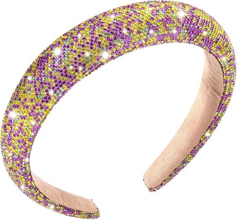 HSWE Mardi Gras Rhinestone Padded Headband Crystal Purple Green Yellow Velvet Wide Bejeweled Hairband Carnival Party Hairhoop in Kuwait