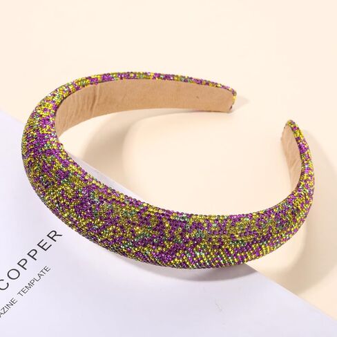 HSWE Mardi Gras Rhinestone Padded Headband Crystal Purple Green Yellow Velvet Wide Bejeweled Hairband Carnival Party Hairhoop in Kuwait