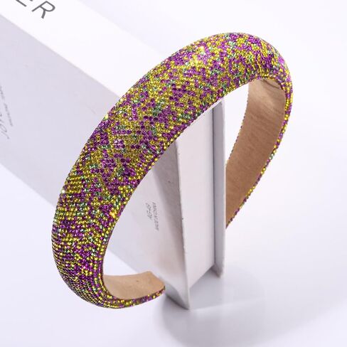 HSWE Mardi Gras Rhinestone Padded Headband Crystal Purple Green Yellow Velvet Wide Bejeweled Hairband Carnival Party Hairhoop in Kuwait