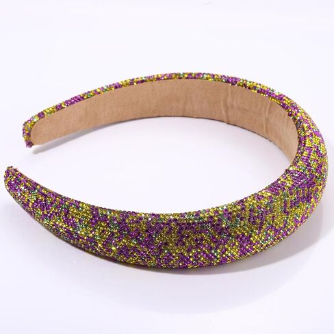 HSWE Mardi Gras Rhinestone Padded Headband Crystal Purple Green Yellow Velvet Wide Bejeweled Hairband Carnival Party Hairhoop in Kuwait