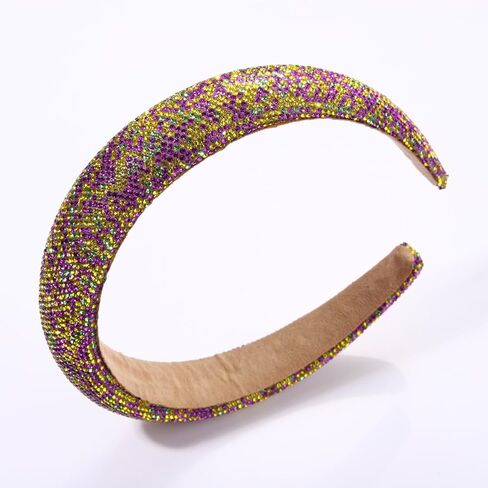 HSWE Mardi Gras Rhinestone Padded Headband Crystal Purple Green Yellow Velvet Wide Bejeweled Hairband Carnival Party Hairhoop in Kuwait