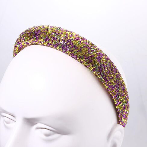 HSWE Mardi Gras Rhinestone Padded Headband Crystal Purple Green Yellow Velvet Wide Bejeweled Hairband Carnival Party Hairhoop in Kuwait