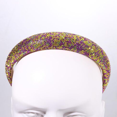HSWE Mardi Gras Rhinestone Padded Headband Crystal Purple Green Yellow Velvet Wide Bejeweled Hairband Carnival Party Hairhoop in Kuwait