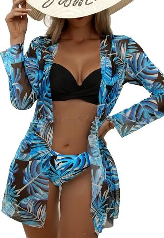 CUTEMOOT Women's 3 Piece Swimsuits Tropical Push Up Bikini Sets Beach Long Sleeve Bathing Suits with Kimono Cover Up in Saudi Arabia