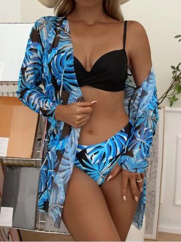 CUTEMOOT Women's 3 Piece Swimsuits Tropical Push Up Bikini Sets Beach Long Sleeve Bathing Suits with Kimono Cover Up in Saudi Arabia