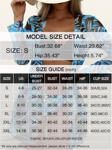 CUTEMOOT Women's 3 Piece Swimsuits Tropical Push Up Bikini Sets Beach Long Sleeve Bathing Suits with Kimono Cover Up in Saudi Arabia
