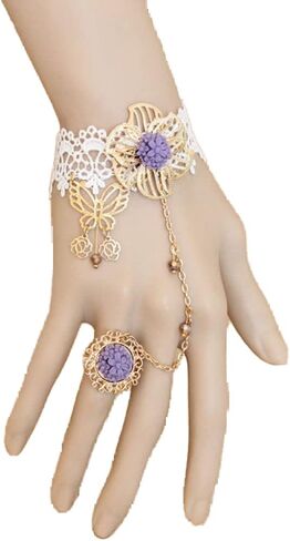 القوطية الأسود العاج الدانتيل الرقيق سوار مع البنصر قفازات الزفاف زهرة الأحجار الكريمة دمعة تسخير سوار خمر الزفاف حفلة موسيقية مهرجان اليد سلسلة مجوهرات للنساء in Kuwait