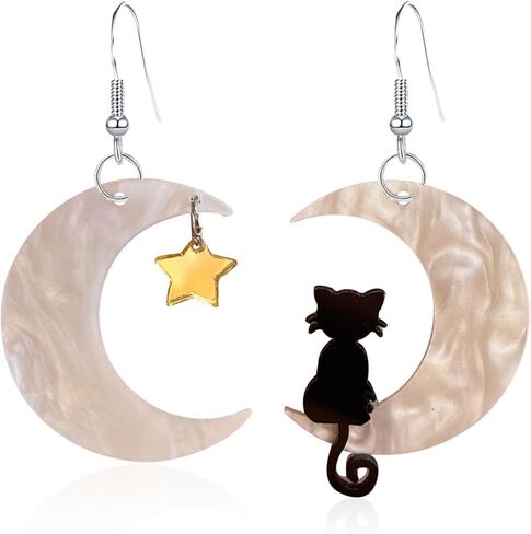 القطة السوداء على القمر أقراط نجمة للنساء الفتيات الإبداعية غير المتماثلة الكرتون الاكريليك الراتنج الهلال القمر الأسود الحيوانات الجميلة الحيوانات الأليفة خفيفة الوزن تتدلى أقراط للهدايا مجوهرات حفلة الهالوين in Kuwait