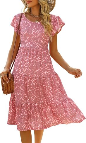 Berydress المرأة الصيف عادية المتدرج فساتين متوسطة الطول رفرفة أكمام كشكش بيبي دول فضفاضة تناسب القطن بوهو فستان الشمس in Kuwait