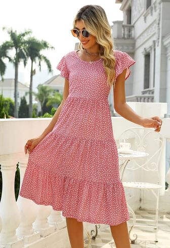 Berydress المرأة الصيف عادية المتدرج فساتين متوسطة الطول رفرفة أكمام كشكش بيبي دول فضفاضة تناسب القطن بوهو فستان الشمس in Kuwait