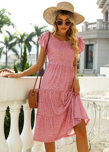 Berydress المرأة الصيف عادية المتدرج فساتين متوسطة الطول رفرفة أكمام كشكش بيبي دول فضفاضة تناسب القطن بوهو فستان الشمس in Kuwait