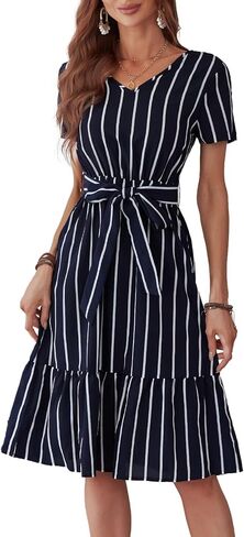 فستان BROVAVE نسائي صيفي قصير الأكمام ورقبة على شكل حرف V مخطط برباط خصر كاجوال للعمل والمكتب متوسط ​​الطول in Kuwait