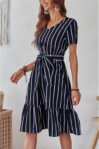 فستان BROVAVE نسائي صيفي قصير الأكمام ورقبة على شكل حرف V مخطط برباط خصر كاجوال للعمل والمكتب متوسط ​​الطول in Kuwait