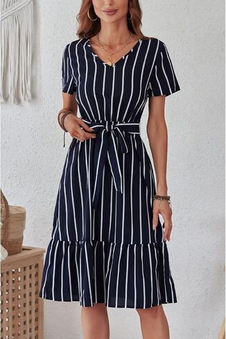 فستان BROVAVE نسائي صيفي قصير الأكمام ورقبة على شكل حرف V مخطط برباط خصر كاجوال للعمل والمكتب متوسط ​​الطول in Kuwait