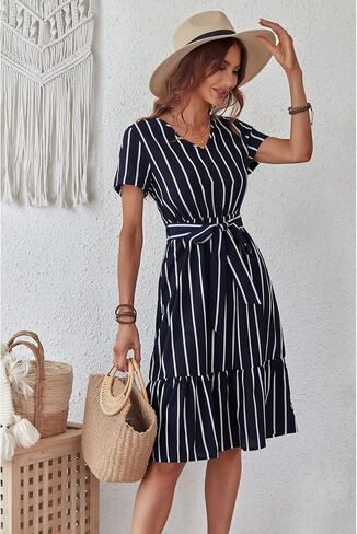 فستان BROVAVE نسائي صيفي قصير الأكمام ورقبة على شكل حرف V مخطط برباط خصر كاجوال للعمل والمكتب متوسط ​​الطول in Kuwait