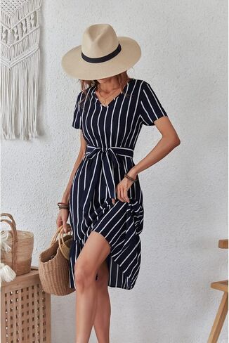 فستان BROVAVE نسائي صيفي قصير الأكمام ورقبة على شكل حرف V مخطط برباط خصر كاجوال للعمل والمكتب متوسط ​​الطول in Kuwait