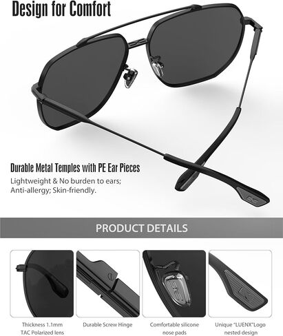 LUENX نظارة شمسية أفياتور للرجال مربعة مستقطبة للنساء بعدسات كبيرة الحجم UV400 نظارات شمسية مع إكسسوارات 61 ملم in Kuwait