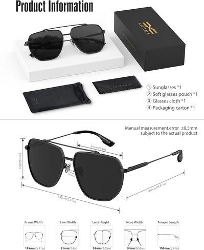 LUENX نظارة شمسية أفياتور للرجال مربعة مستقطبة للنساء بعدسات كبيرة الحجم UV400 نظارات شمسية مع إكسسوارات 61 ملم in Kuwait