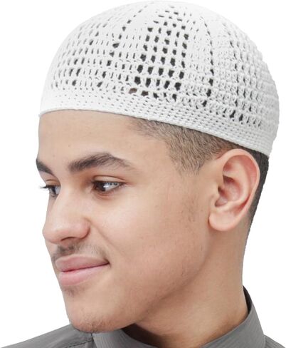 White Kufi Hat Tight & Loose Weave Mix Crocheted Comfortable Cotton Muslim Kufi Topi Skull Prayer Cap in Saudi Arabia