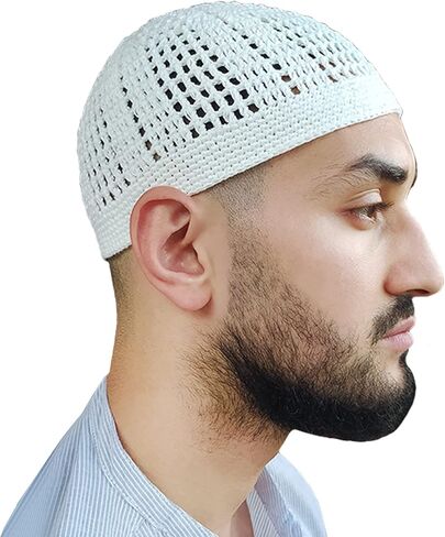 White Kufi Hat Tight & Loose Weave Mix Crocheted Comfortable Cotton Muslim Kufi Topi Skull Prayer Cap in Saudi Arabia