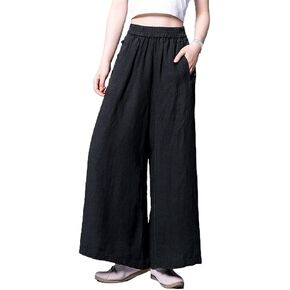 chouyatou Women's Baggy Elastic Waist Chinese Frog Button Wide Leg Linen Pants