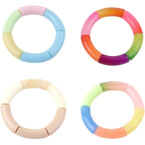 4Pcs Colorful Acrylic Chunky Curved Cuff Bracelet Acrylic Beads Elastic Bracelet Candy Color Acrylic Tube Elastic Bracelet Geometric Tube Link Chain Adjustable Bangle Beaded Bracelets Set