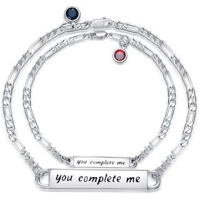 Shusukue Valentine's Day Bracelets for Couples 925 Sterling Silver Personalized Birthstone Engraving Bracelet Matching Couple Jewelry Gift for Women Men Girlfriend Wife (with Gift Box)