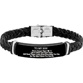Uloveido PU Leather Stainless Steel ID Bracelet for Son from Mom Dad, Encouragement Inspirational Gift to Men Boy