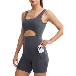 ENERBLOOM Women's Athletic Rompers Workout Shorts Jumpsuit with Pocket Yoga One Piece Bodysuit Cream Feeling Built in Bra