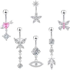 Belly Button Ring Surgical Stainless Steel Dangle Belly Button Rings for Women 14G Gold Silver Belly Ring Navel Piercing Jewelry Heart Butterfly Evil Eye Belly Ring