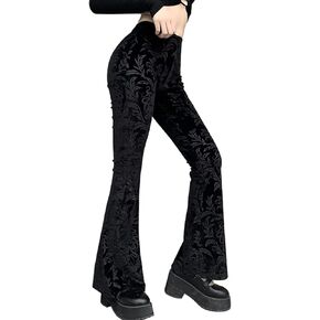 Women's Gothic Embossed Flare Pants Black Velvet Elastic Waist Bell Bottom Trousers